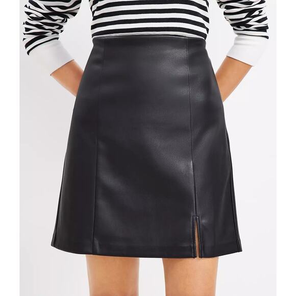 NWT LOFT Women's Seamed Side Slit Faux Leather Mini Skirt Solid Black Size 12